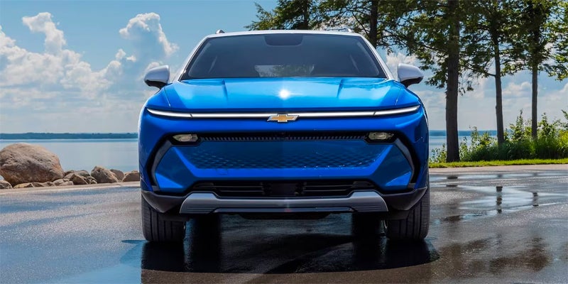 front facing grille view of a blue 2024 chevy equinox ev